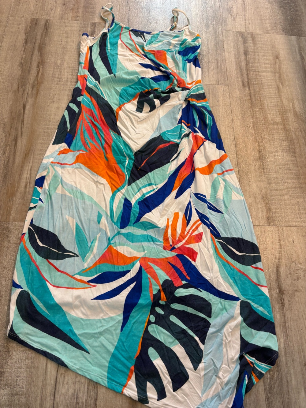 La Blanca Tropical Leaf Print Maxi Dress in Teal, Navy, Orange & White Small
